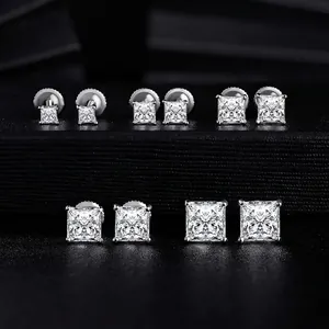 Copper Zirconia Stud Earrings Set For Women Fashion Square Round Geometric Prongs Electroplated Jewelry Daily Party Gift