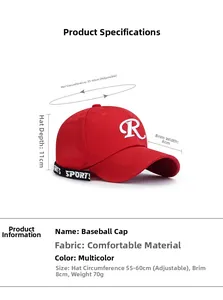 Detail showing red baseball cap with white R embroidery and SPORTS strap specifications