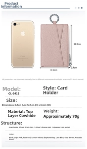 Detailed view of pink pebble grain leather wallet showing 12.5cm width next to phone