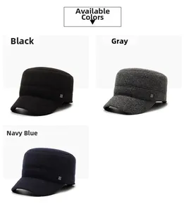 Detailed view of men's winter caps in black, grey, and navy with metal side logo