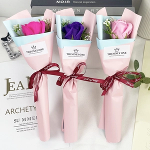 Three elegant soap rose bouquets in pink, purple, and magenta with Just for you ribbons
