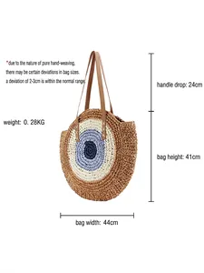 Round straw tote bag with evil eye pattern and brown leather handles, 44x41cm