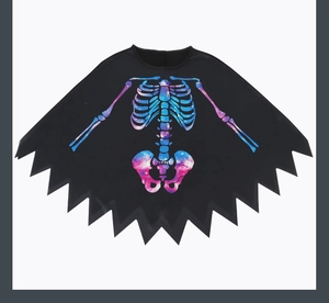 Detailed view of black Halloween cloak featuring vibrant purple and blue galaxy skeleton print