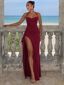 Elegant wine red slip dress with high slit and corset waist for summer evening beach party