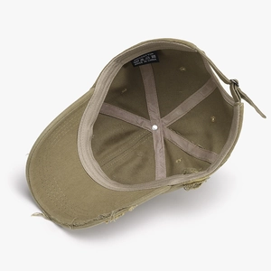 Distressed military green cotton baseball cap with vintage washed finish and metal buckle