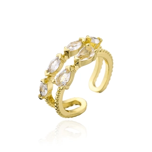 Gold plated double layer open ring with marquise and pear zircon stones in 45-degree view