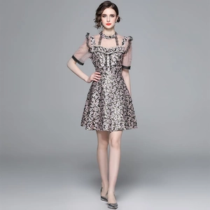 Floral A-line dress with lace trim sleeves and stand collar on light grey background