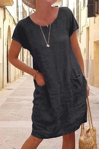 Women's loose black short-sleeve cotton linen dress with crew neck and side pockets