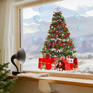 Adesivi per vetrine natalizie con albero di Natale e fiocchi di neve su sfondo di vetro