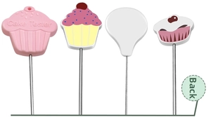 Detail showing the back and front of cupcake-shaped stainless steel cake tester probes