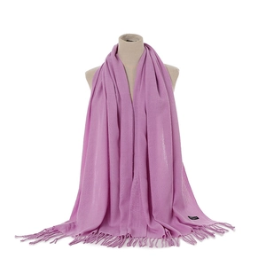 Close-up of premium purple cashmere-like scarf showing fine texture and fringe details