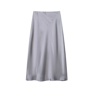 Detail of lavender grey satin midi skirt featuring silky texture and elegant drape finish