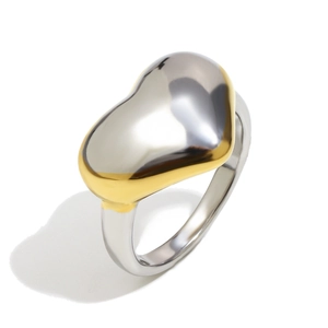Polished two-tone 18K gold plated stainless steel heart ring with dual-color finish