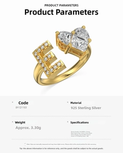 Detail of 925 sterling silver ring with letter E and heart shaped zirconia stones