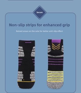 Detailed view of non-slip rubber grips on the bottom of thick black basketball socks