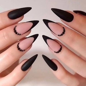 French Black Border Matte Black Almond Press On Nails With Rhinestones Long Stiletto Fake Nails For Women Daily Fashion Nail Art
