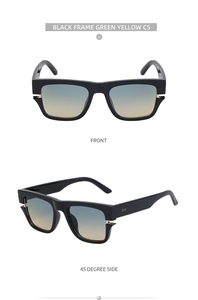 Front and 45-degree side views of square black sunglasses with green-yellow gradient lenses