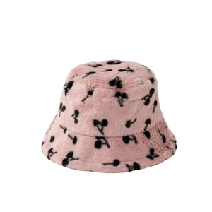 Pink faux fur bucket hat with cherry print, warm plush winter fisherman cap for women