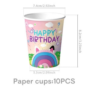 Detail view of 10 disposable birthday paper cups with colorful rainbow and happy birthday text