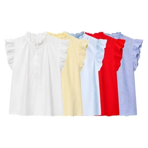 Women Ruffle Trim Sleeveless Blouse Chic Flutter Sleeve Stand Collar Button Down Casual Summer Top