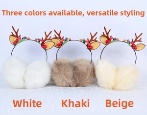 Three Christmas elk antler earmuffs in white, khaki, and beige colors with festive decor