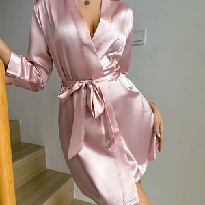 Elegant pink satin V-neck sleepwear robe with waist tie and smooth silk-like finish