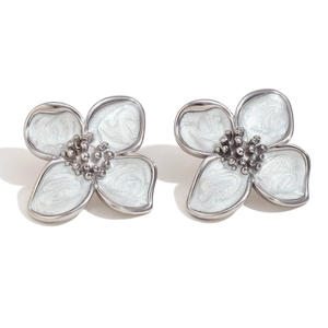Elegant 316L stainless steel floral stud earrings with white enamel and silver finish