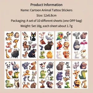Lot de 10 tatouages temporaires animaux de dessin animé imperméables pour enfants