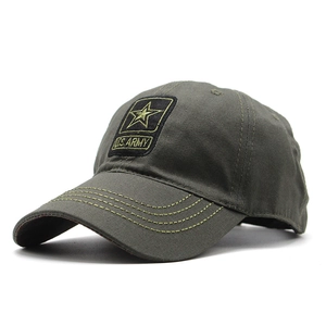 Detail of army green baseball cap featuring U.S. ARMY embroidery and star patch