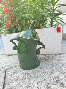 Outdoor shot of a green ceramic canister with a lid and unique stylized handles