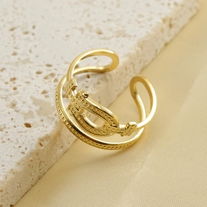 Detailed shot of double-layer 18k gold plated open ring with vintage textured band