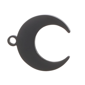 Minimalist black crescent moon metal pendant with connector loop on white background