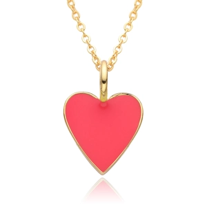 Detail of red heart enamel pendant with 14K gold plated chain and polished finish