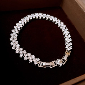 Detail of double-row zircon bracelet with fold-over clasp in a premium jewelry box