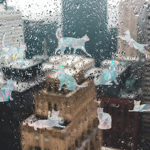 Rainbow prism holographic cat window stickers with mosaic pattern on rainy glass
