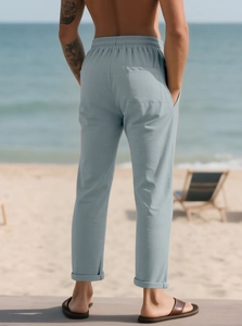 Pantaloni casual da uomo blu grigio con vita elastica e tasca posteriore morbida