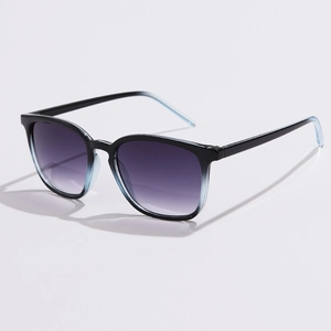 Detail of square sunglasses with black to translucent blue gradient frames and purple lenses