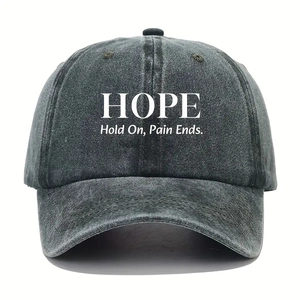 Unisex washed dark grey denim baseball cap with white HOPE print and slogan