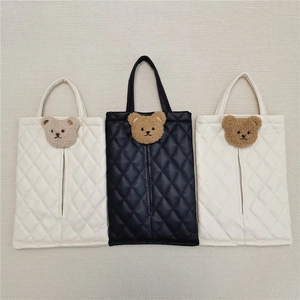Three PU leather car tissue holders with bear patches in black, white, and beige colors