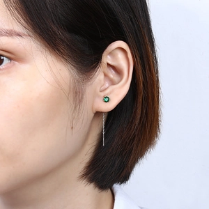 Elegant S925 silver threader earrings with green zircon in a minimalist tassel style
