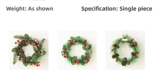 Detail of Christmas wreath featuring green pine needles, brown pine cones and red berries
