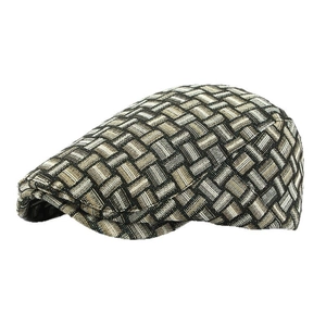 Retro plaid newsboy cap in jacquard flat cap style with woven grey and brown texture