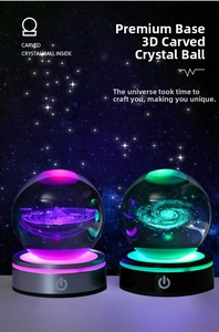 Close-up of 3D laser-engraved solar system and galaxy crystal balls with glowing LED bases