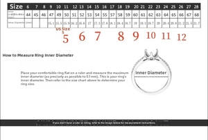 Detailed size chart showing inner circumference and diameter measurements for silver rings
