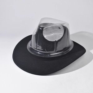 Classic black felt cowboy hat with transparent plastic shape protector for storage