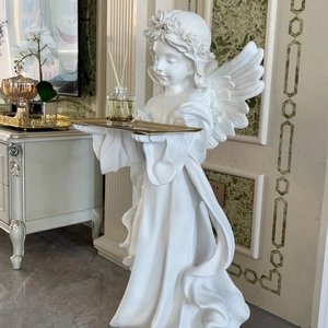 Elegant white angel floor statue with golden tray for luxury home decor and storage