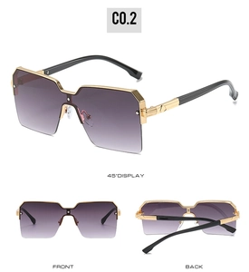 Three views of fashion square sunglasses with gold metal frame and purple gradient lenses