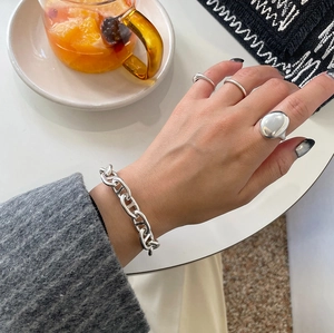 French style 925 sterling silver irregular ring and chunky anchor chain bracelet