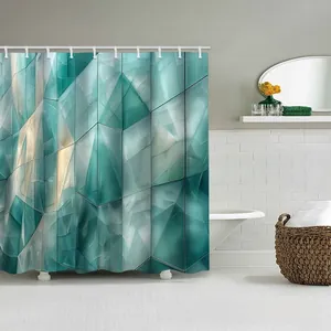 Modern marble gradient shower curtain with turquoise geometric crystal facets pattern