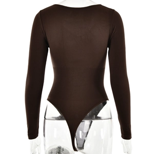 Rear view of brown long sleeve bodysuit with ribbed knit texture on a mannequin